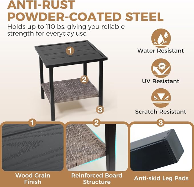 COOS BAY Sunset Haven Outdoor Patio Side Table, Square Outdoor Coffee Table with Double-Tier Storage, Wicker Patio End Table, 18.1"x18.1"x18.5", Brown