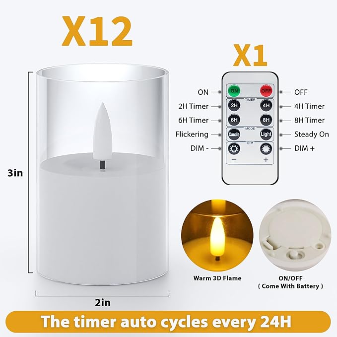 VIODAIM 12Pack Flickering Flameless LED Candles with Remote & Timer, Battery Powered - Small Pillar & Votive, Clear (2"X3")