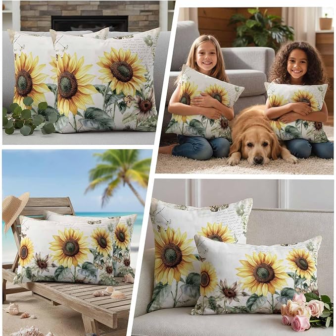 Vintage Yellow Sunflowers Outdoor Waterproof Throw Pillow Covers Set of 2, 18"x18", American Pastoral Style Decorative Pillow Covers Outside Cushion Case for Patio Porch Garden