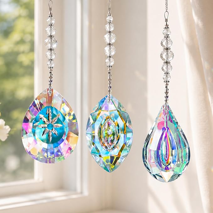 YU FENG 3PCS Crystal Prism Suncatcher, Window Hanging Rainbow Maker Set | AB Colored Glass Prisms, Faceted Crystal Design, Sun Catcher Decor for Home Garden Window, Creates Bright Rainbow Effects