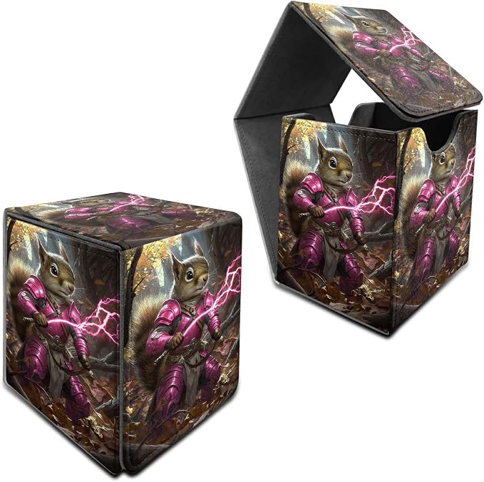 Purple Lightning Squirrel Card Deck Box for MTG, Personalized Card Storage Case Fits 120+ Sleeved Cards, Premium Leather TCG Box with Strong Magnetic Closure for Magic, PTCG, Baseball Cards