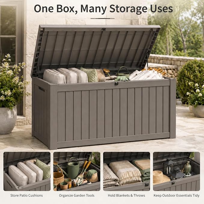 270 Gallon Extra Large Deck Box Outdoor, Resin Storage Box Outdoor Waterproof, Lockable Garden Storage Bench, Holds Patio Furniture, Pool Supplies & Equipment, Hydraulic Rod, UV-Proof, Gray Brown