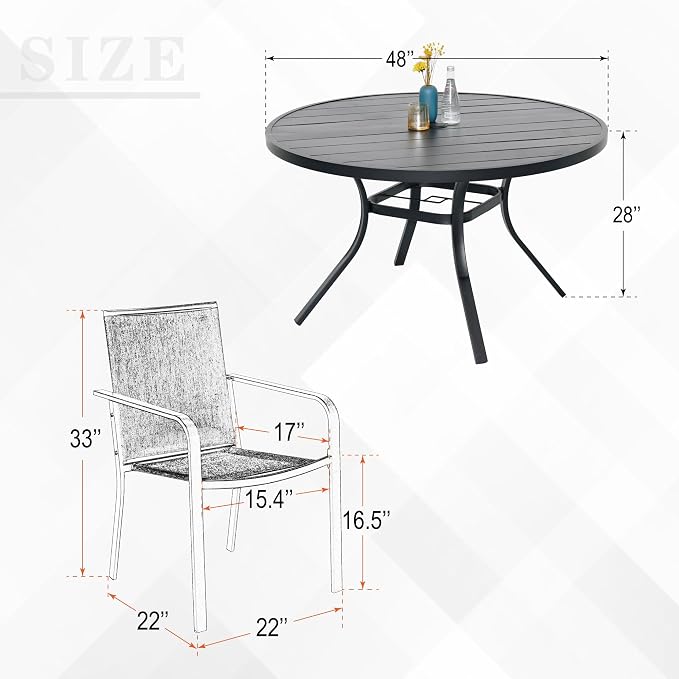 Anmutig 7-Piece Outdoor Dining Set, 48'' Round Table with 6 Stackable Chairs All Weather Furniture Set - Beige Grey