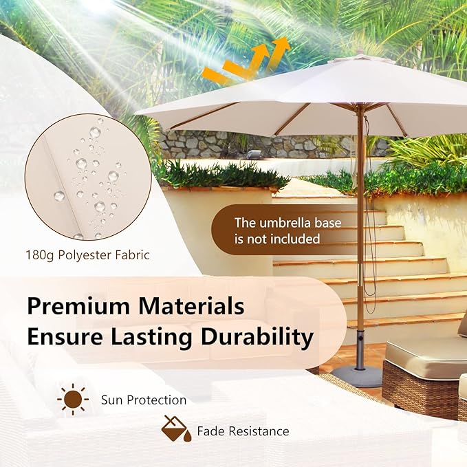 HAPPYGRILL 10 FT Wooden Patio Umbrella with Rope Pulley Lift, 8 Bamboo Ribs, 3 Adjustable Heights, Vented Roof, Outdoor Table Umbrella for Garden Poolside Backyard