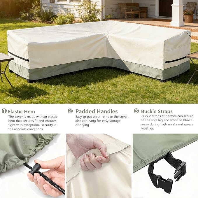 okcool Outdoor Sectional Sofa Cover Waterproof-L-Shaped Patio Furniture Covers for 6-Seater Outdoor Sectional Furniture Couch 110"(85''L) x 32''D x 31''H, White&Grayish Green