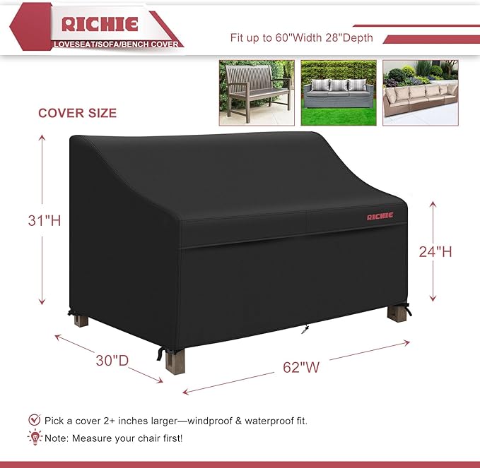 RICHIE Waterproof Patio Sofa Cover 3-Seater - Outdoor Furniture Covers for Loveseat/Couch with Air Vents & Handles, 62"W*30"D*31"H, Black