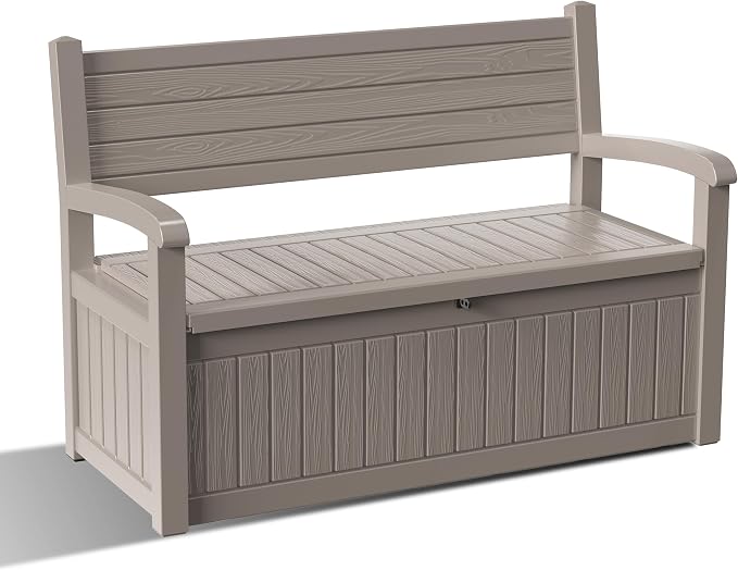 EasyUp 80 Gallon Outdoor Storage Bench Lockable Deck Box Outdoor Storage Box Waterproof for Patio,Garden,and Porch – Perfect for Storing Garden Tools and Cushions(Grey Srtipe)