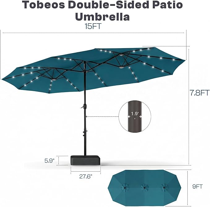 15ft Large Patio Umbrella with Solar Lights and Base, Double-Sided Outdoor Rectangle Umbrella with 48 LED Lights, Market Table Umbrellas with UV Resistant Canopy