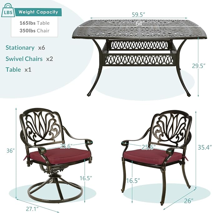 MEETWARM 9-Piece Outdoor Patio Dining Set for 8, All Weather Cast Aluminum Patio Funiture Table and Chairs Set- Large 64" Square Table and 2 Swivel Rocker Chairs, 6 Stationary, Umbrella Hole, Red