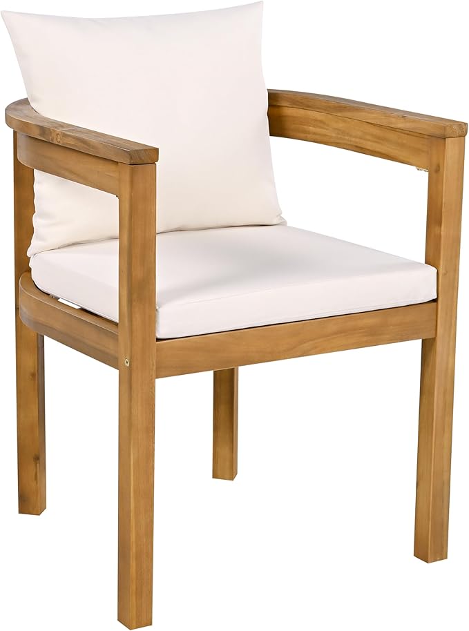 Christopher Knight Home Abact Acacia Wood Patio Dining Set for 4, Solid Wood Outdoor Dining Table Set for 4, Round Dining Table and Chairs Set of 4 with Cushion, Teak+Beige