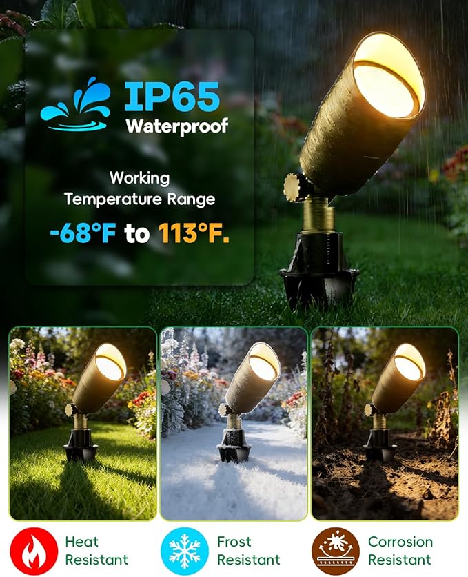 Low Voltage Brass Landscape Lights, Solid Outdoor Spotlights with Replaceable MR16 LED Bulb 5W, 2700K Warm White, 12V 24V Landscape Lighting, Waterproof Design for Garden, Yard, Patio