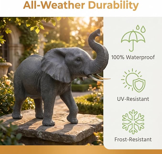 Large Resin Elephant Statue, 28 Inch Trunk Up | Garden Decor, Outdoor Lawn Patio Porch Yard, Lucky Feng Shui, Wildlife Animal Figurine