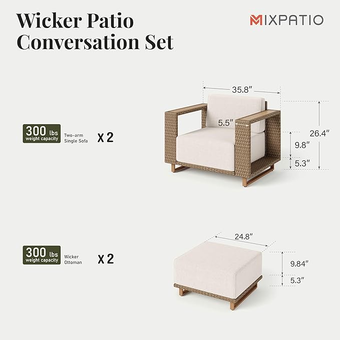 4 Pcs Outdoor Patio Furniture Set, Outdoor Wicker Modular Sofa Couch, 2 Rattan Single Sofa, 2 Ottomans with 10" Extra Thick Cushions