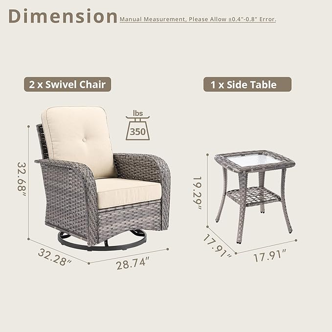 Weaxty Outdoor Swivel Rocker Patio Chairs, 3 Pieces Patio Furniture Set with Rocking Chair and Wicker Side Table, Outdoor Furniture Conversation Set for Porch, Deck, Yard, Balcony, Beige