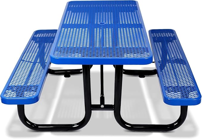 72" Rectangular Metal Picnic Table for 4-8 Person, Durable Heavy Duty Commercial Picnic Table up to 2800 lbs for Outdoor Coffee Shop, School, Hospital, Easy to Install, Blue