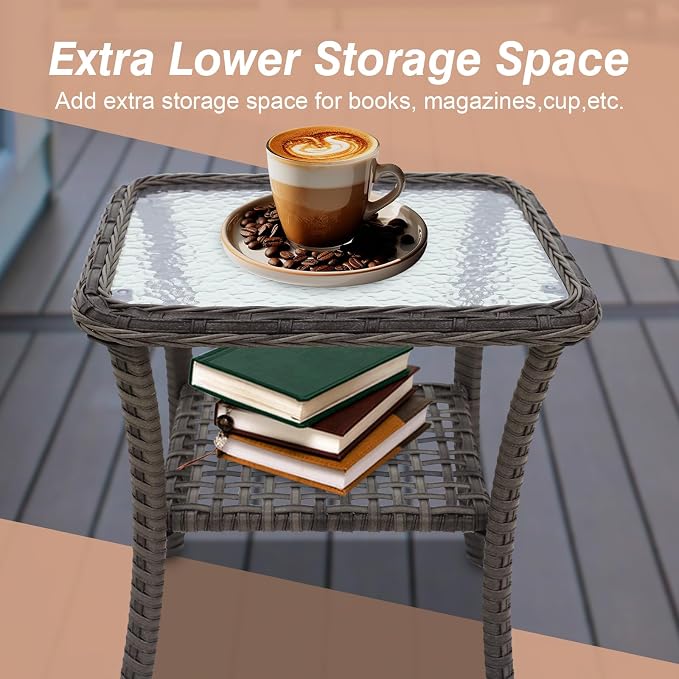 COOS BAY PE Rattan Outdoor Side Table, Tempered Glass Top Coffee Table for Garden, Lawn, Deck, Backyard, Stonewash Gray