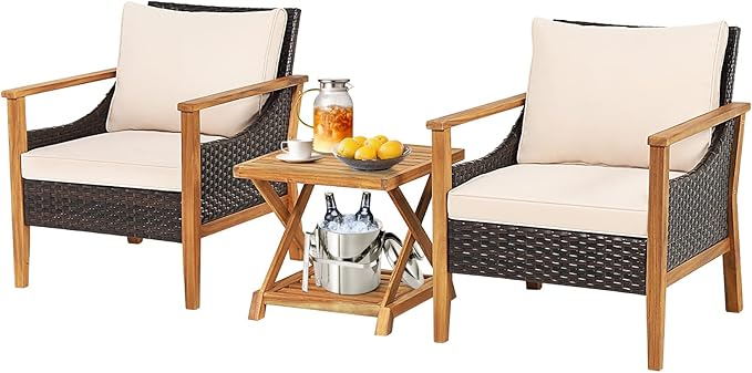 Tangkula 3 Pieces PE Wicker Patio Bistro Set, Outdoor Acacia Wood Conversation Set with Cushions and 2-Tier Coffee Table, Outdoor Patio Porch Furniture Set (Natural)