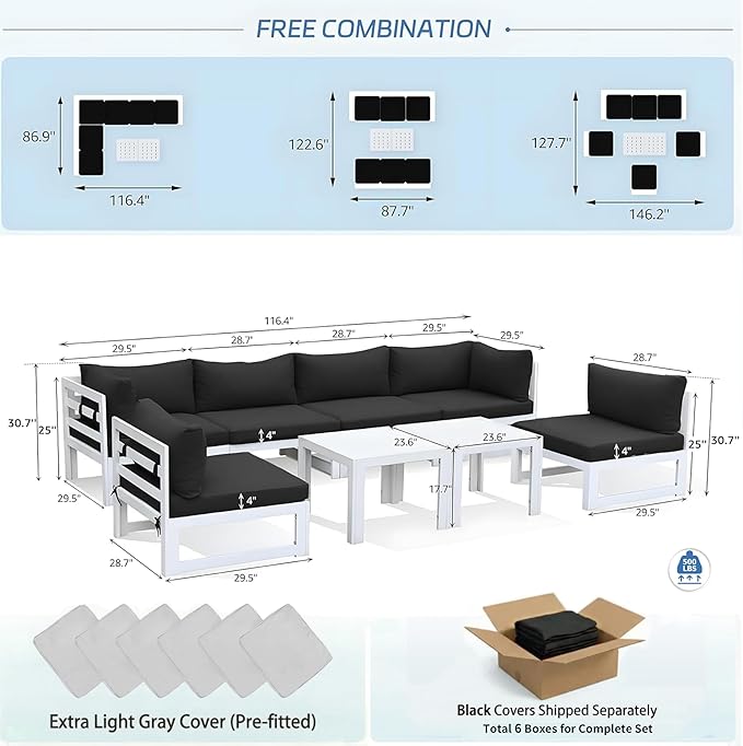 NICESOUL 8 Pcs L-Shaped Contemporary Aluminum Outdoor Furniture Set, 29" Deep Wide Large Couch Set, 500 lbs High Weight Capacity Modular Patio Sectional Sofa with Coffee Table for Garden Lawn, Black