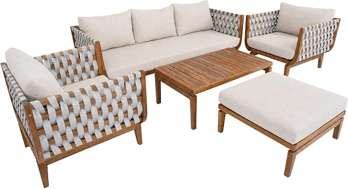 Christopher Knight Home Gwen 5 Piece Acacia Wood Patio Conversation Set with Sofa, Coffee Table, Ottoman and Club Chairs, Patio Sofa Set with Cushions, Outdoor Patio Furniture Set for 6,Teak+Beige