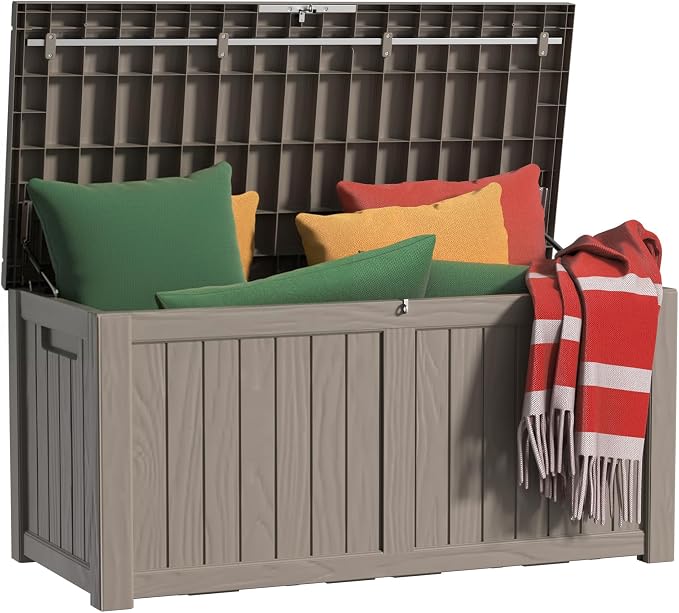 PatioZen 150 Gallon Deck Boxes Outdoor Waterproof, Weatherproof Outdoor Storage Boxes Lockable for Patio Furniture, Pool Supplies,Garden Tools(Grey)