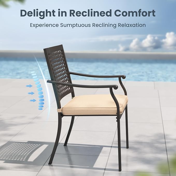 PHI VILLA Outdoor Dining Set for 6, 60" Metal Table & Chairs w/Cushions | 7 pcs black wrought iron furniture set w/ umbrella hole. All weather for patio, deck, yard, porch