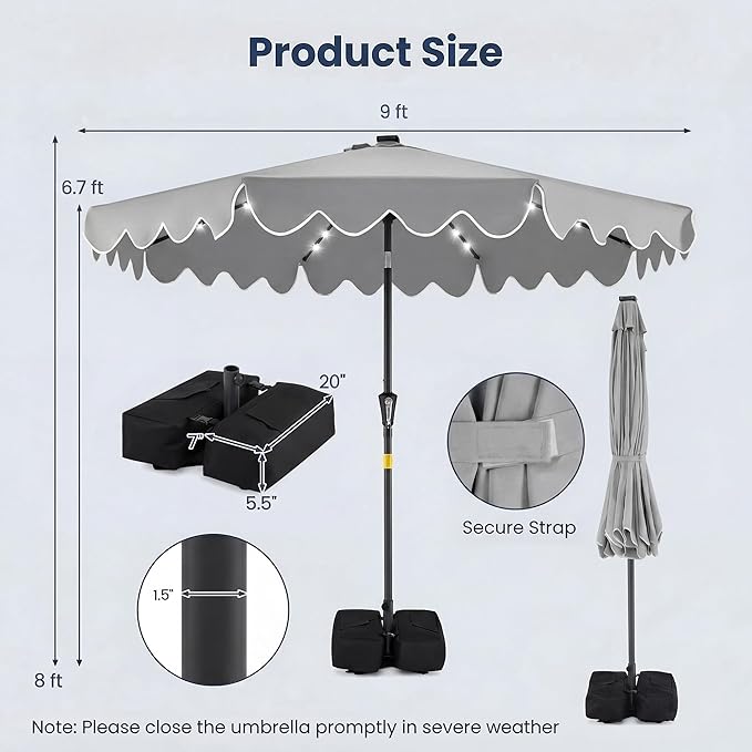 Happygrill 9FT Solar Patio Umbrella, Outdoor Market Table Umbrella with 32 LED Lights, Weighed Base, 2 Sandbags, Tilt & Crank, 8 Ribs, Fabric Canopy Sunshade, Vented Top for Garden Deck Pool Backyard (Gray)