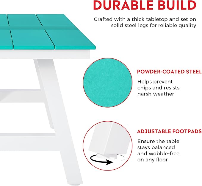 Costaelm Outdoor Dining Tables for Patio, 72" Rectangle 6-Person HDPE Dining Table with Umbrella Hole and Metal Frame for Outside, Garden, Poolside, Backyard, Porch, Balcony, Turquoise