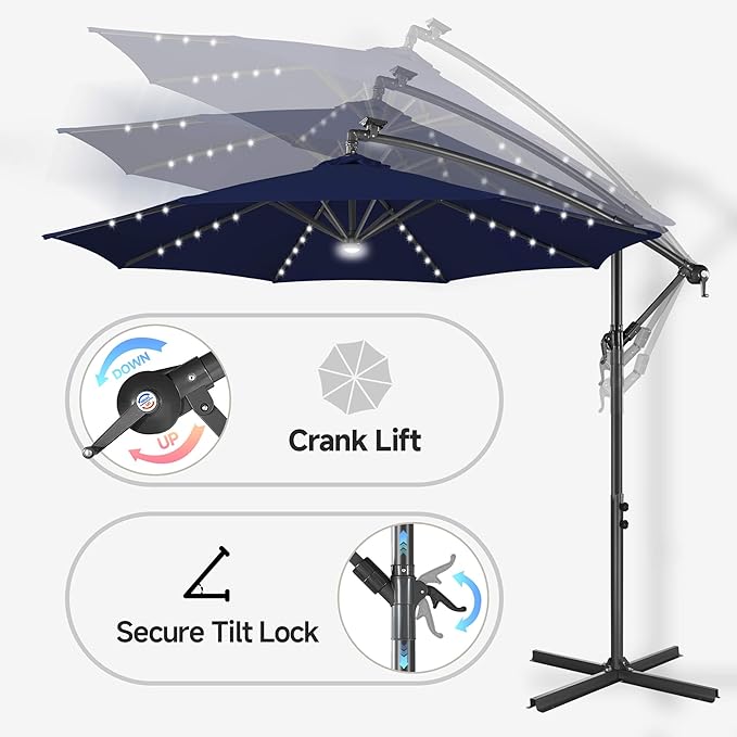 Solar Offset Patio Umbrella - 10 FT Solar Cantilever Umbrella Outdoor with 40 LED Lights and Cross Base, UV Protection for Garden, Deck, Backyard, Pool, Porch, Navy Bluery