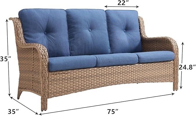 Rilyson Outdoor Couch Wicker Patio Sofa - 3 Seat Rattan Sofa with Deep Seating and Comfortable Cushions for Porch Deck Balcony Garden(Yellow/Blue)