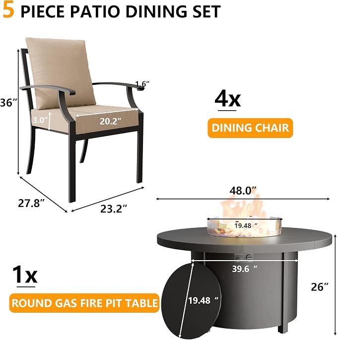 5 Piece Metal Outdoor Patio Furniture Set with 48" Round Propane Fire Pit, Outdoor Dining Table Set with 4 Fixed Chairs and 55000 BTU Outdoor Fire Pit, Sand
