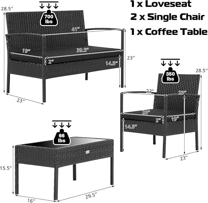 Tangkula 8 Piece Patio Rattan Conversation Set, Outdoor Wicker Furniture with Glass Coffee Table, Solid Steel Structure, Ergonomic Seat, Suitable for Garden, Courtyard, Balcony, Poolside