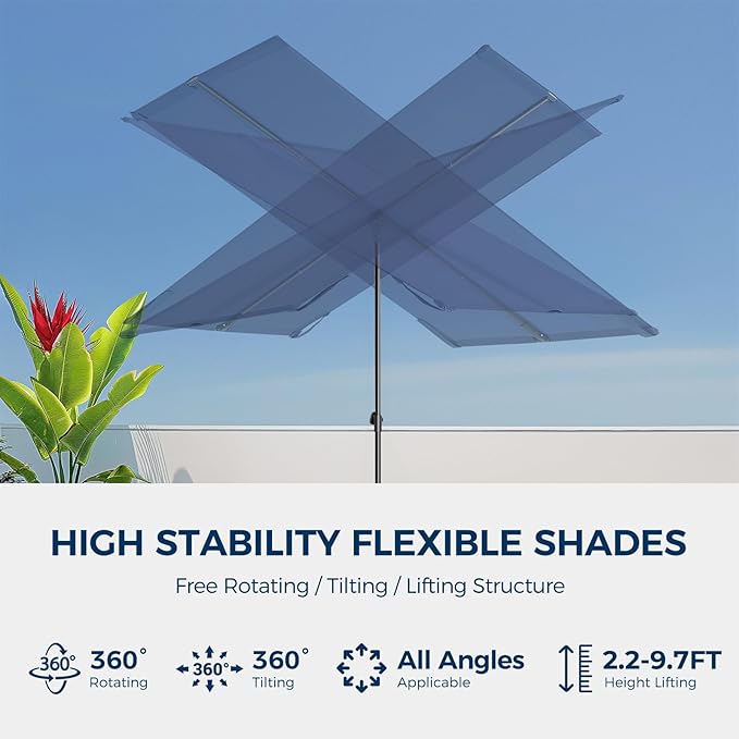 HOMSHADE 6x4ft Outdoor Balcony Umbrella - Flat Porch Pool Patio Umbrella Rectangular Canopy Shade UPF50+ UV Protection 360° Rotating & Tilting All Angles Applicable (Navy Blue, No Base)