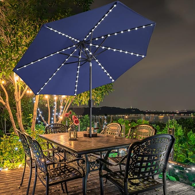 EliteShade USA 10-Year-Non-Fading 9ft Market Patio Umbrella, Commercial Grade Table Sun Umbrella with 80 Solar LED Lights, Crank Open, Windproof & UPF 50+ UV Protection for Garden, Deck, Pool, Backyard, Navy Blue