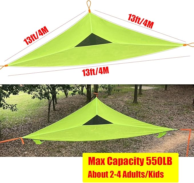 Triangle Hammock 13Ft Multi Person 3 Point Tree Hammock,Max 600LBs Extra Large Sky Camping Hammock for up to 2-4 Adults/Kids with 3 Ratchets/Straps/Net Pockets/Carabiners and Storage Bags,Green