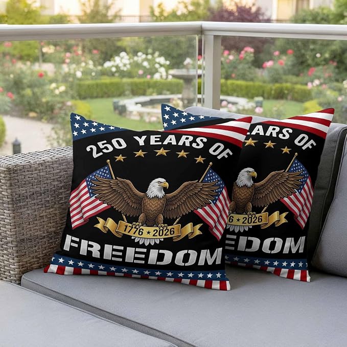 250 Years Anniversary Outdoor Waterproof Throw Pillow Covers 24x24 Set of 2, American Flag Eagle Independence Day Decor Pillowcases Cushion Pillowcase for Couch Sofa Patio Outside Pillow Protector