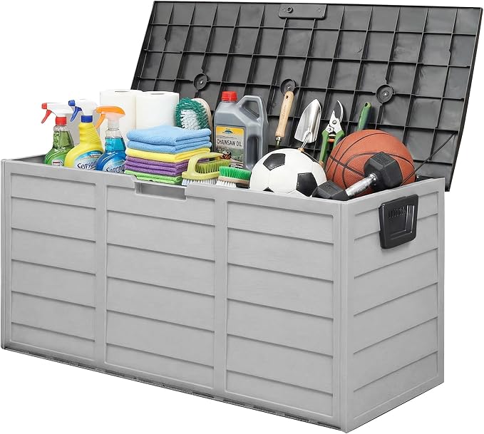 75 Gallon Resin Deck Box, Waterproof Anti-UV Lockable Outdoor Storage Bin for Patio Furniture Garden Tools, Heavy Duty Indoor Package Delivery Deck Boxes for Pillows Pool Cushions, Gray