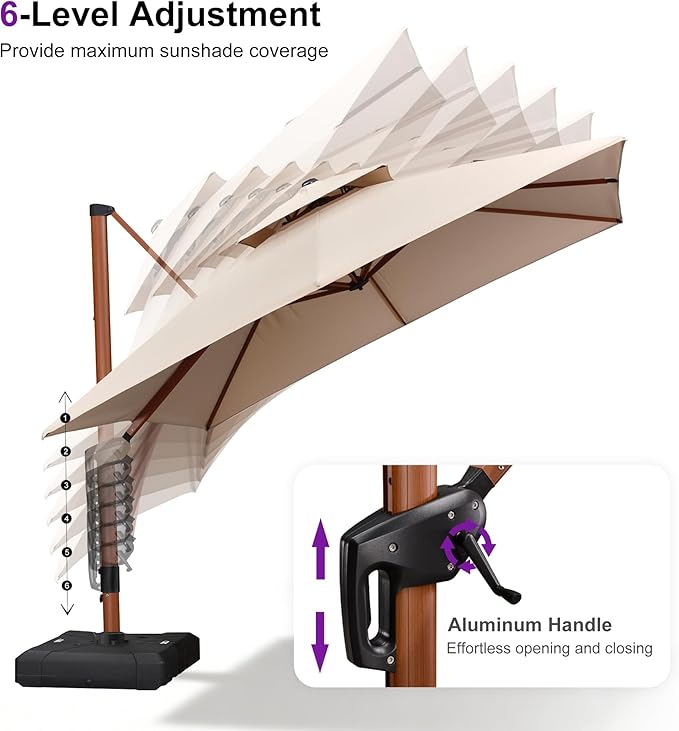 PURPLE LEAF 9' X 12' Double Top Deluxe Wood Pattern Rectangle Patio Umbrella with Base Offset Hanging Umbrella Outdoor Market Umbrella Garden Umbrella, Beige