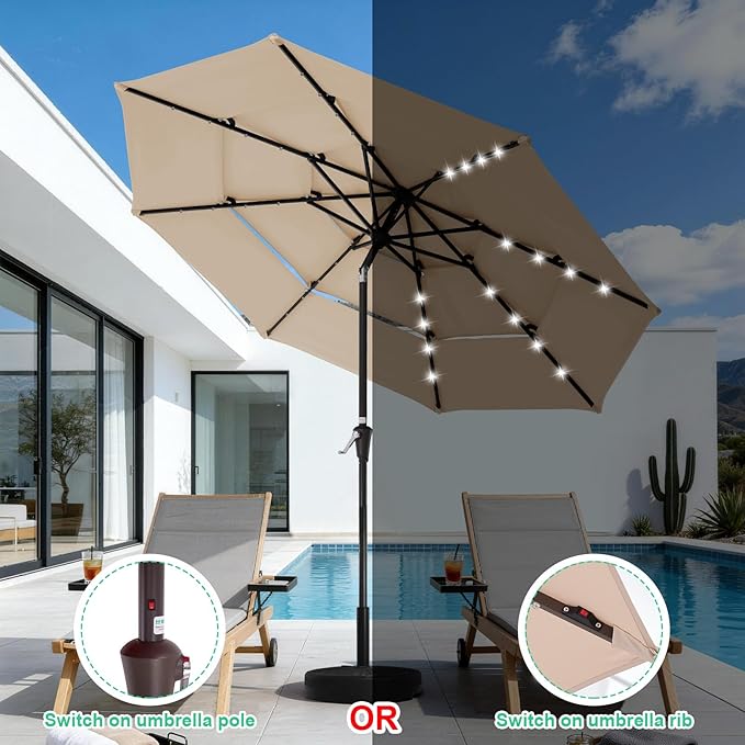 JEAREY 3 Tiers Patio Umbrella with Solar Lights 9ft Outdoor Market Table Umbrellas with Push Button Tilt for Outside Pool Garden, Tan