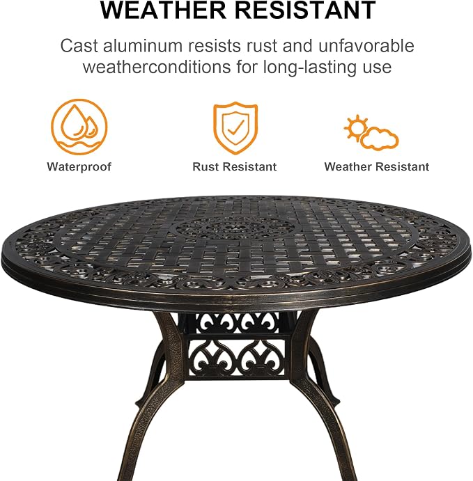 7 Piece Outdoor Dining Set for 6,Cast Aluminum Table and Chairs Set,All-Weather Round 48" Dining Table with 2.36" Umbrella Hole,Patio Furniture Set for Balcony Garden,Bronze