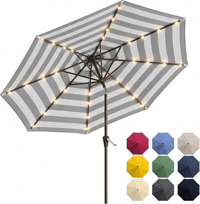 10FT Solar Patio Umbrella with Lights, Outdoor Table Market Umbrella with 32 LED Lights, 8 Sturdy Ribs, Push Button Tilt and Crank for Pool, Deck and Garden, UV-Resistant