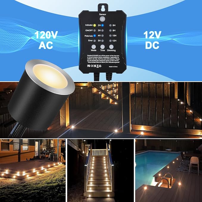 Dimmable LED Deck Lights with Timer and Photocell Sensor and Protecting Shell φ32mm,40Pack Outdoor LED Smart Deck Lighting IP68 Waterproof for Garden,Yard Stair, Patio, Floor Decoration