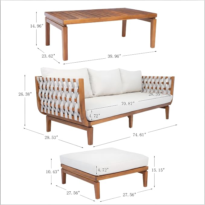 Merax 3 Piece Outdoor Patio Furniture Set,All-Weather Acacia Wood Sectional Sofa with Ottoman,1 Coffee Table for Porch, Lawn, Backyard, Balcon,Beige Rope & Water-Repellent Fabric Cushions,Teak+ Beige