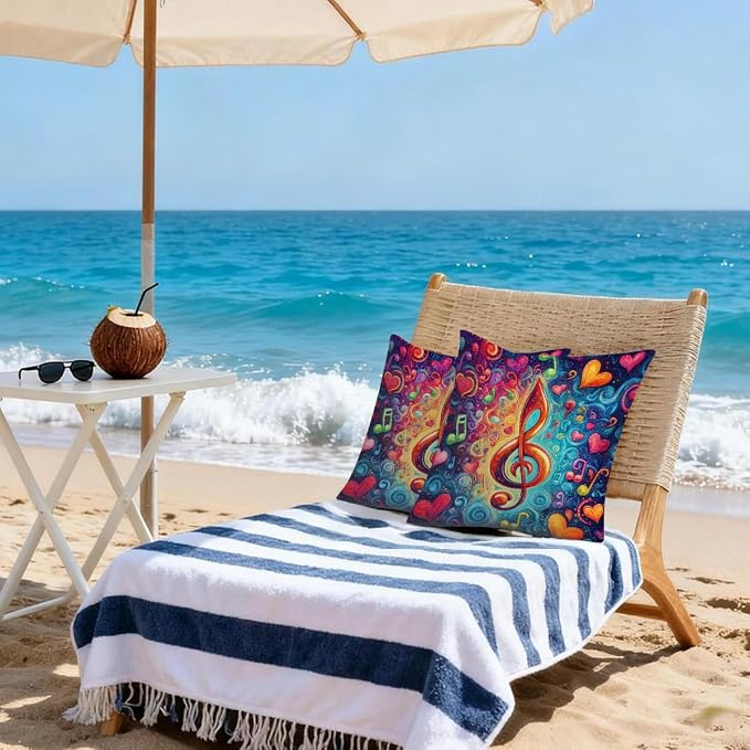 22x22 Inch Outdoor Pillow Covers Set of 2 Waterproof Throw Pillow Covers Decorative Couch Cushion Covers Music Note Hearts Neon Square Pillowcases Protectors for Patio Garden Sofa