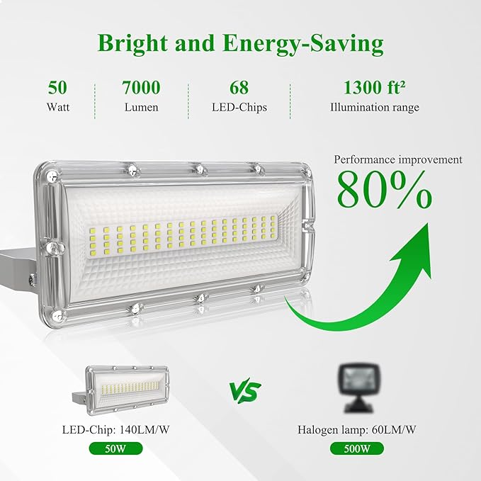 50W LED Flood Light with Photocell, 7000LM Dusk to Dawn Security Light Outdoor, 6500K Floodlight LED IP67 Waterproof Flood Lights Outdoor 180 °Adjustable Angle for Garden, Backyard