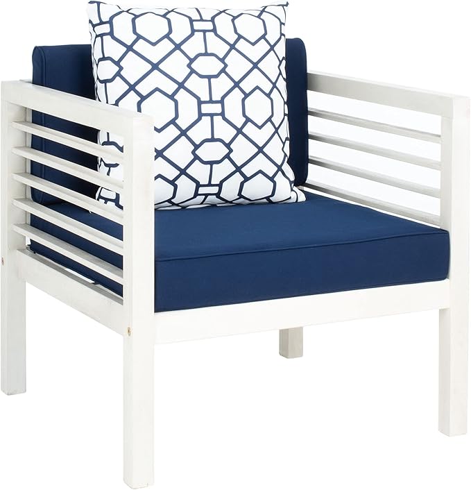 SAFAVIEH Outdoor Collection Alda White/ Navy Cushions/ Geometric Pattern Pillows 4-Piece Conversation Patio Set