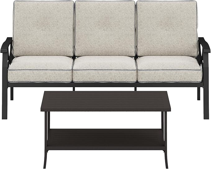 RoyalCraft Outdoor Patio Furniture Set, 2 Piece Patio Conversation Set, Metal Furniture Set with 3 seat Sofa for Porch Backyard, Black Metal Chair with Gray Cushions
