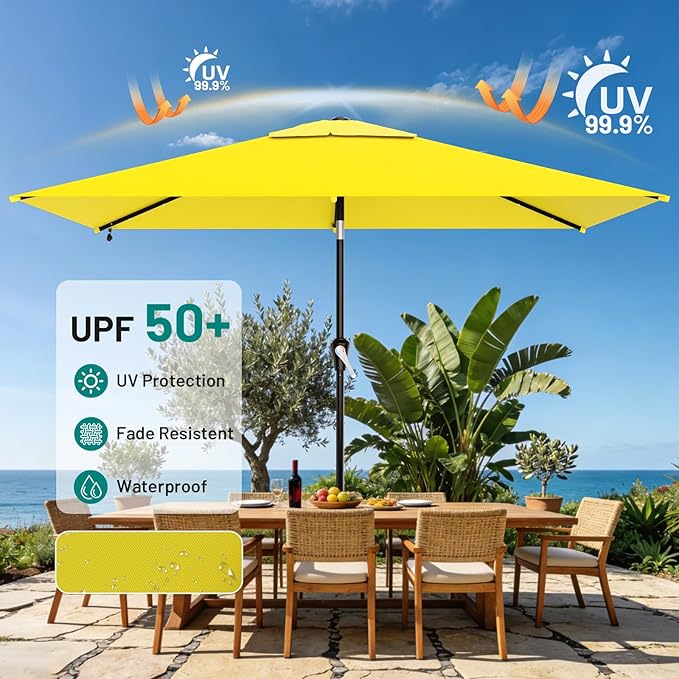 AreShark 6.5' x 10' Rectangular Patio Umbrella with Solar Lights, Solar Powered Lighted Market Umbrella w/Tilt and Crank, Outdoor Table Umbrella for Garden, Deck, Backyard, Pool and Beach, Yellow