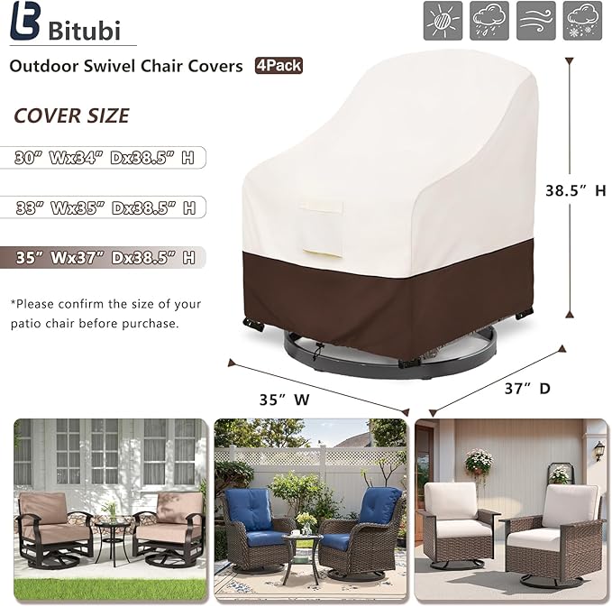 Bitubi Waterproof 4 Pack Outdoor Swivel Chair Cover for Patio Chair Size Up to 35W x 37D x 38.5H inch,Outdoor Lawn Patio Furniture Covers (Brown)