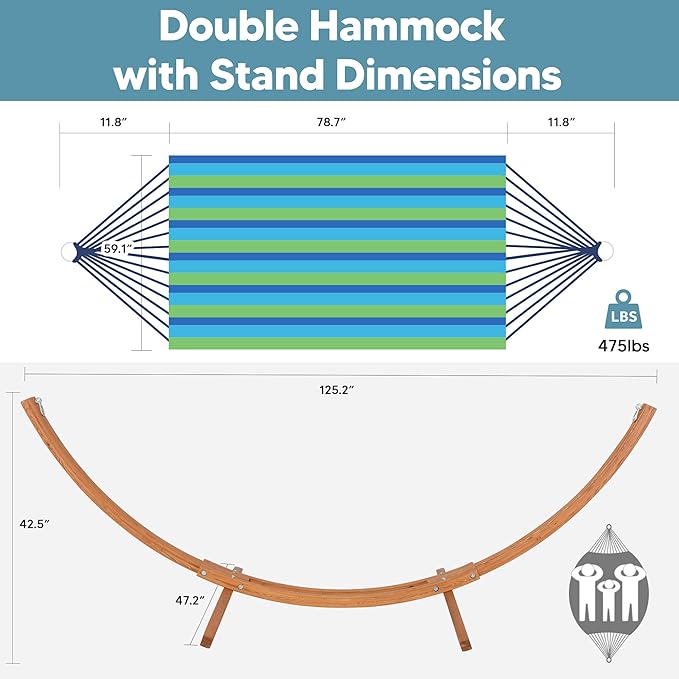 SUNCREAT Hammocks Double Hammock with 10 ft Wooden Stand Included, Outdoor Hammocks for Outside, 475 lbs Capacity, Green