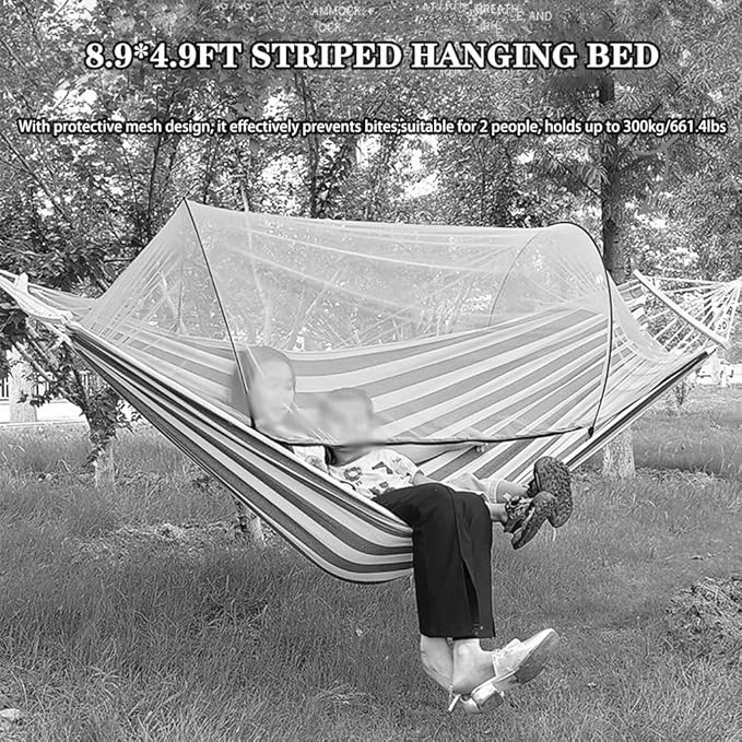 Outdoor Double Hammock with Protective Mesh, Camping Thick Canvas Hanging Bed, Storage Bag/tie Rope, Load Bearing 300kg/661.4lbs(Blue Stripes)